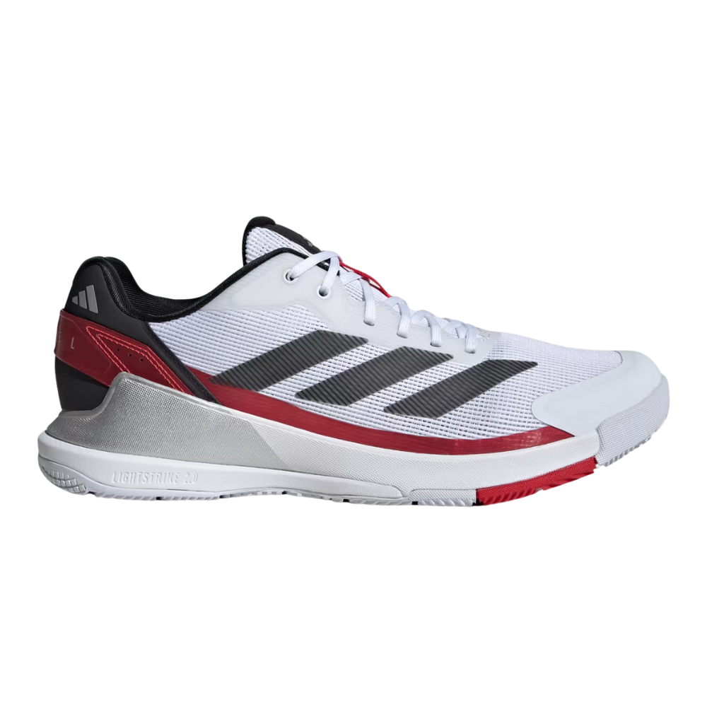 White Adidas Crazyquick Padel Shoes with black stripes and red trim